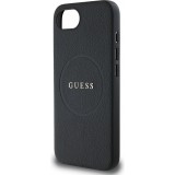 Coque iPhone 16e - Guess Classic Logo MagSafe en cuir grain&eacute; - Noir