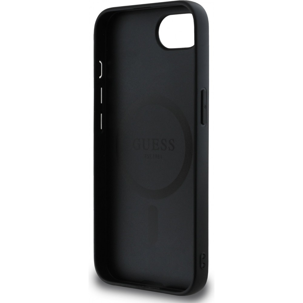 Coque iPhone 16e - Guess Classic Logo MagSafe en cuir grain&eacute; - Noir