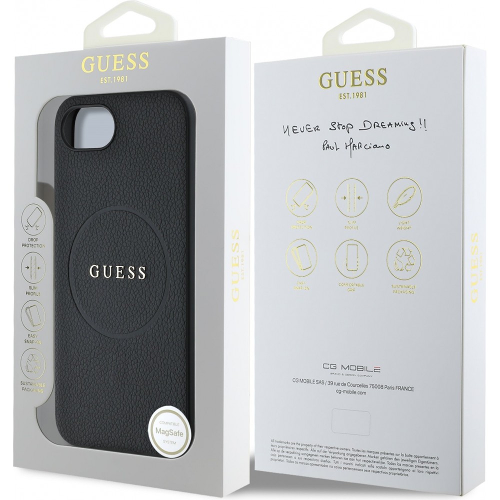 Coque iPhone 16e - Guess Classic Logo MagSafe en cuir grain&eacute; - Noir