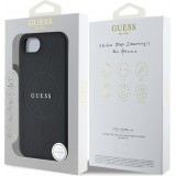 Coque iPhone 16e - Guess Classic Logo MagSafe en cuir grain&eacute; - Noir