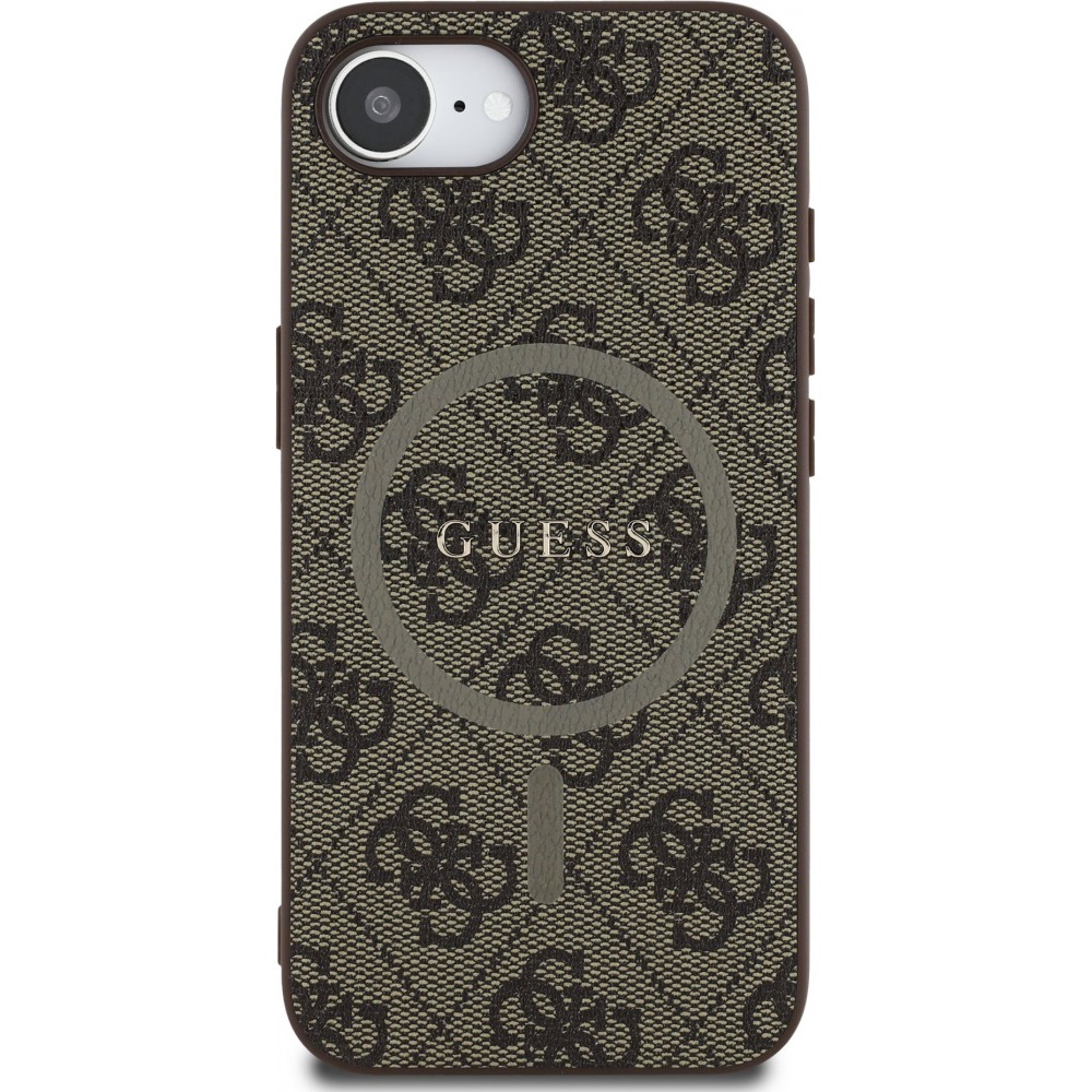 Coque iPhone 16e - Guess monogramme similicuir avec MagSafe int&eacute;gr&eacute; - Brun