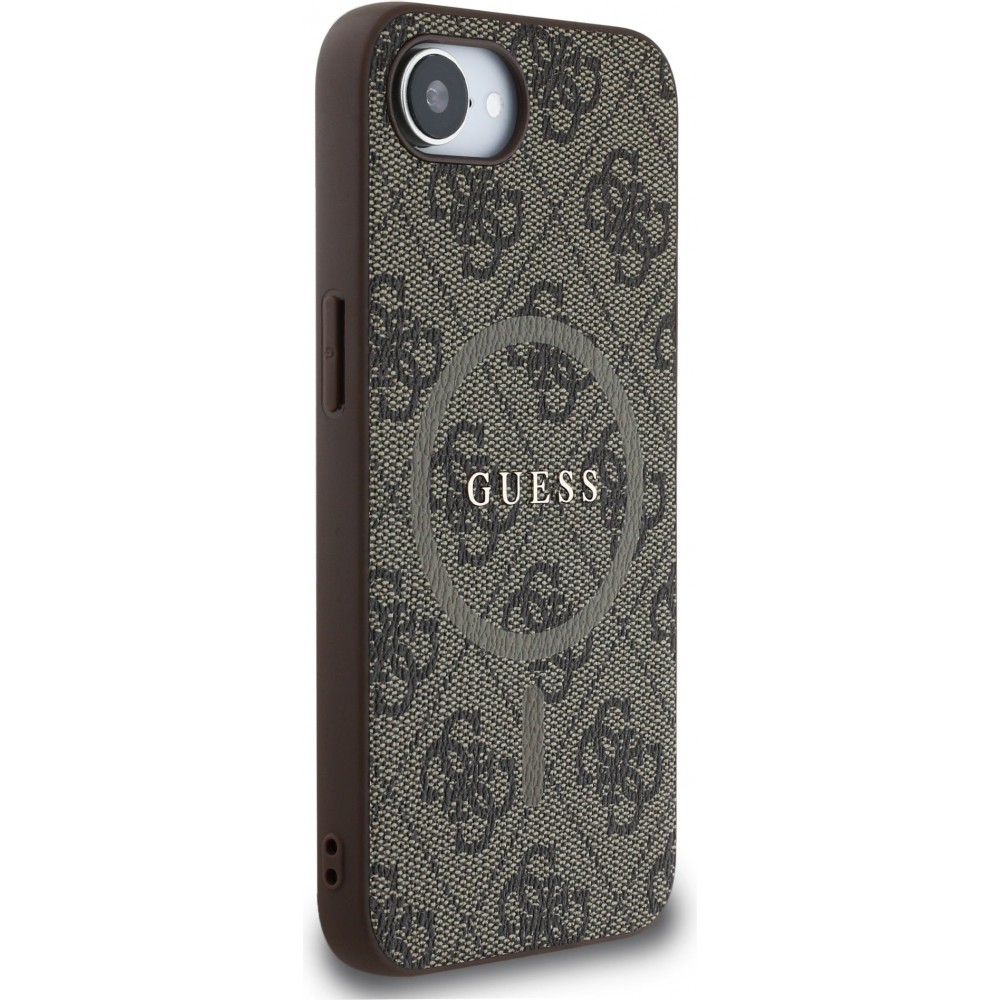 Coque iPhone 16e - Guess monogramme similicuir avec MagSafe int&eacute;gr&eacute; - Brun
