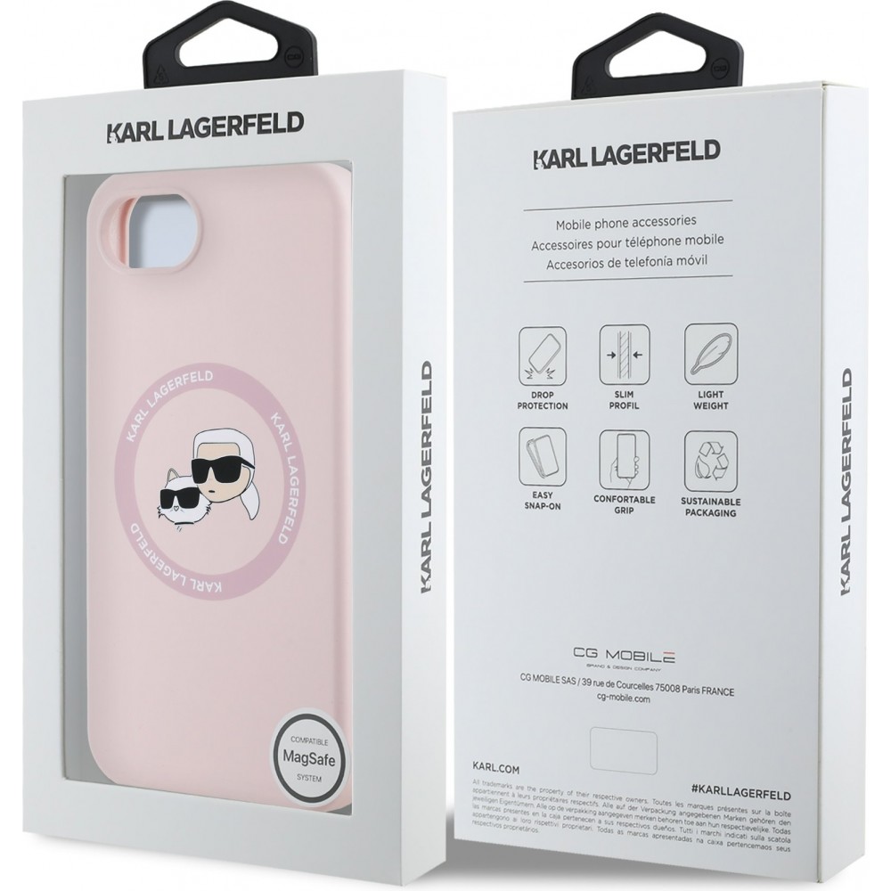 Coque iPhone 16e - Karl Lagerfeld et Choupette silicone Soft Touch avec MagSafe - Rose