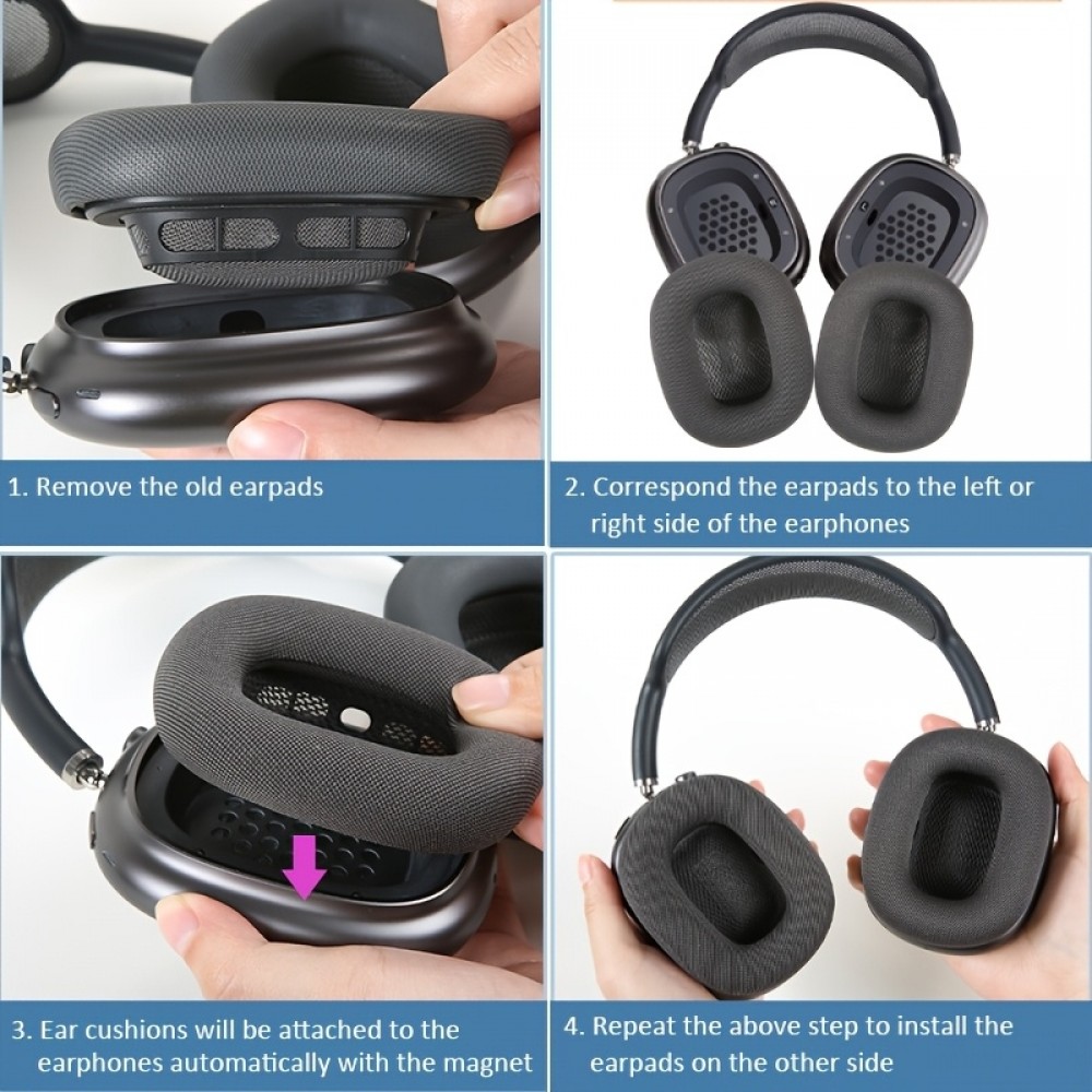 Ultra-weiche Memory-Schaum Mesh-Ohrpolster mit verstärktem Magnet (2er Set) - Schwarz - AirPods Max