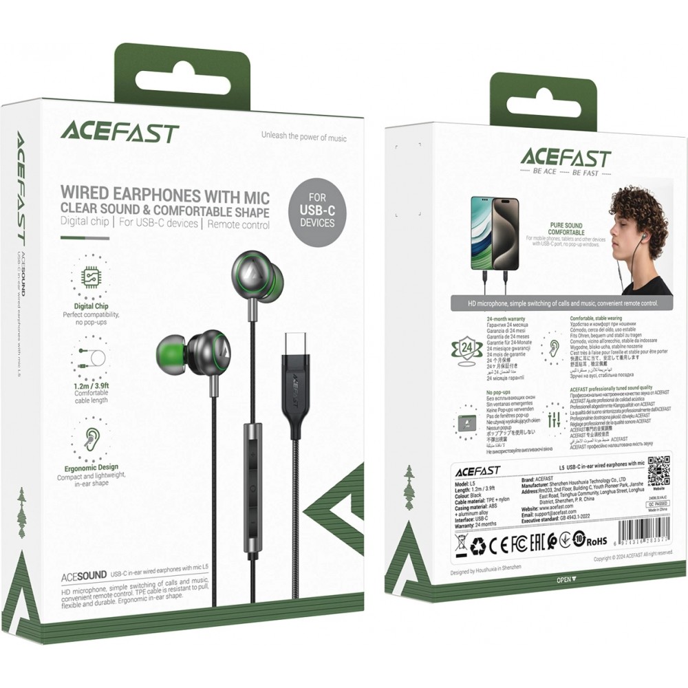&Eacute;couteurs intra-auriculaires filaires USB-C 1.2m Acefast L5 avec embouts en silicone - Noir