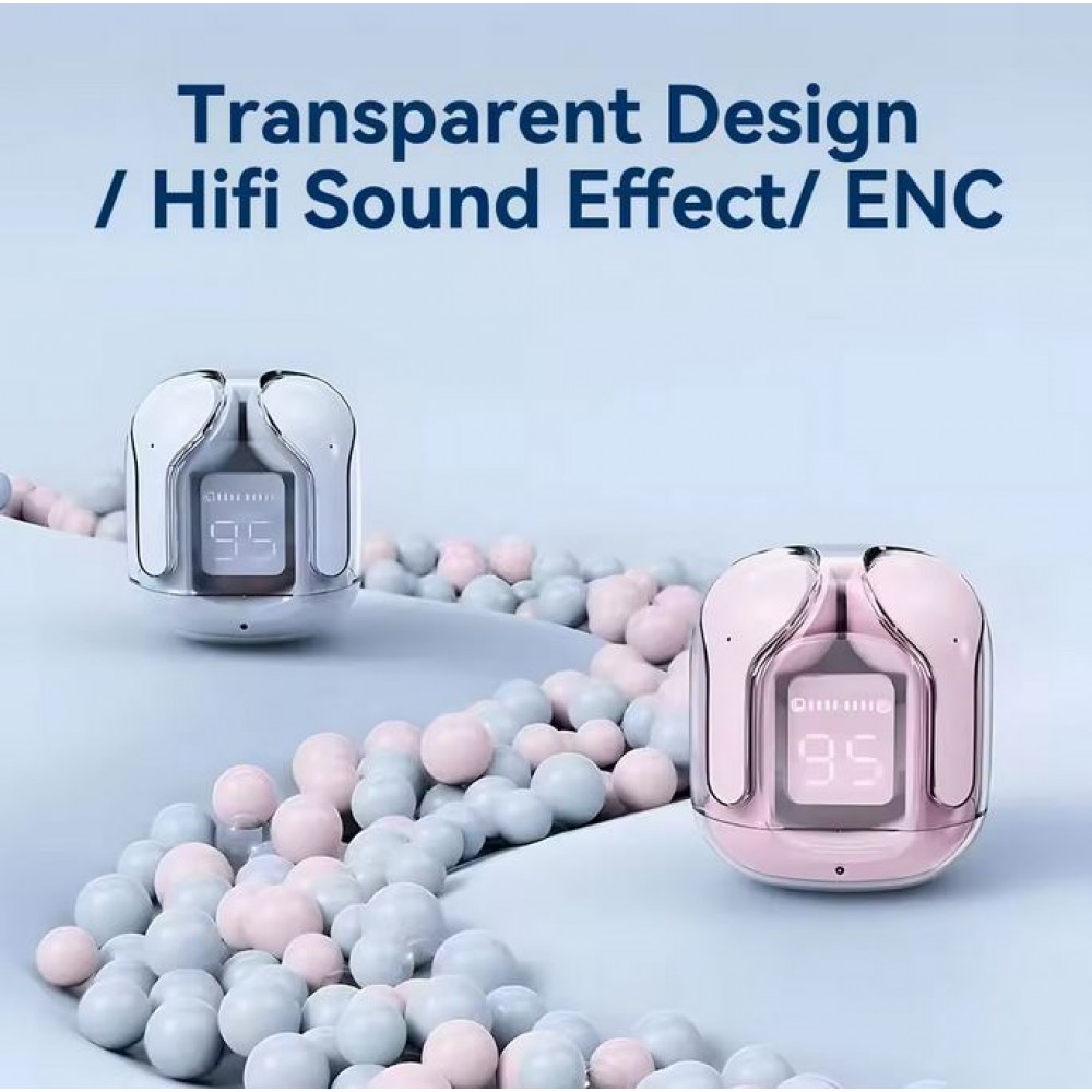 Ecouteurs sans fil Bluetooth 5.3 Crystal Pods TWS In-Ear transparents + affichage LED - Rose