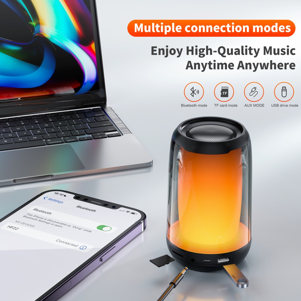 Enceinte Bluetooth 5.3 QERE HF22 5W 3D Surround Sound lumière LED IPX5 & USB-C - Noir