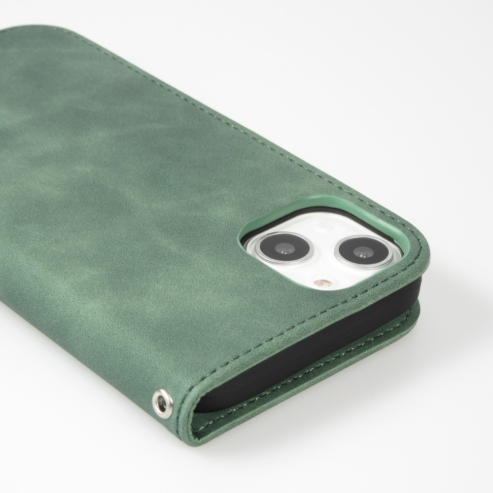 iPhone 15 Plus Leder Tasche - Flip Wallet vintage mit Magnetverschluss und Kartenhalter - Dunkelgrün