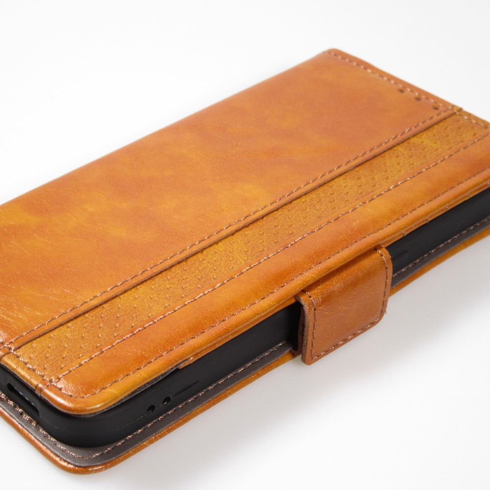Etui cuir iPhone 17e / 16e - Flip Wallet en cuir véritable avec stripe design et compartiment à cartes - Brun