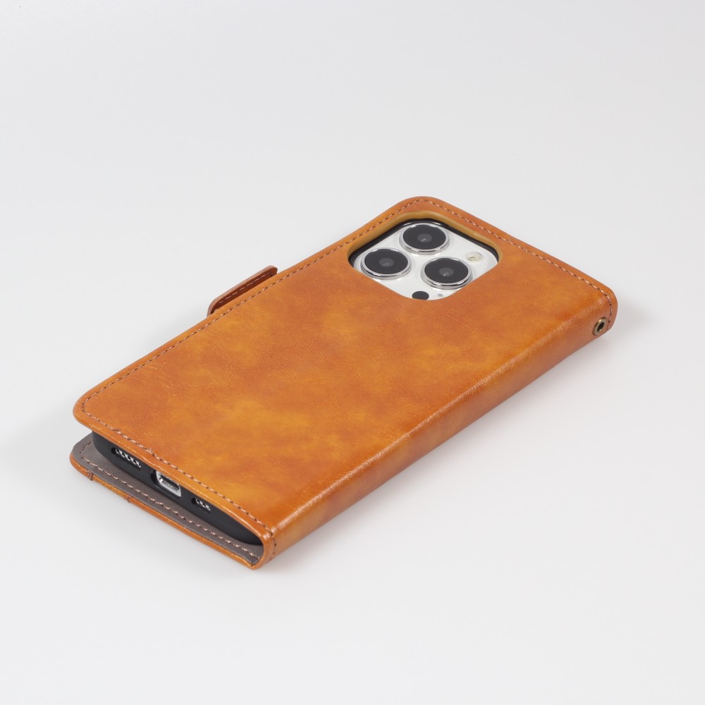 Etui cuir iPhone 17e / 16e - Flip Wallet en cuir véritable avec stripe design et compartiment à cartes - Brun