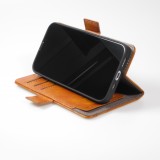 Etui cuir iPhone 17e / 16e - Flip Wallet en cuir véritable avec stripe design et compartiment à cartes - Brun