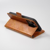 Etui cuir iPhone 17e / 16e - Flip Wallet en cuir véritable avec stripe design et compartiment à cartes - Brun