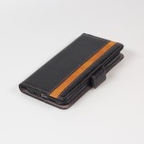 Etui cuir iPhone 17e / 16e - Flip Wallet en cuir véritable avec stripe design et compartiment à cartes - Noir