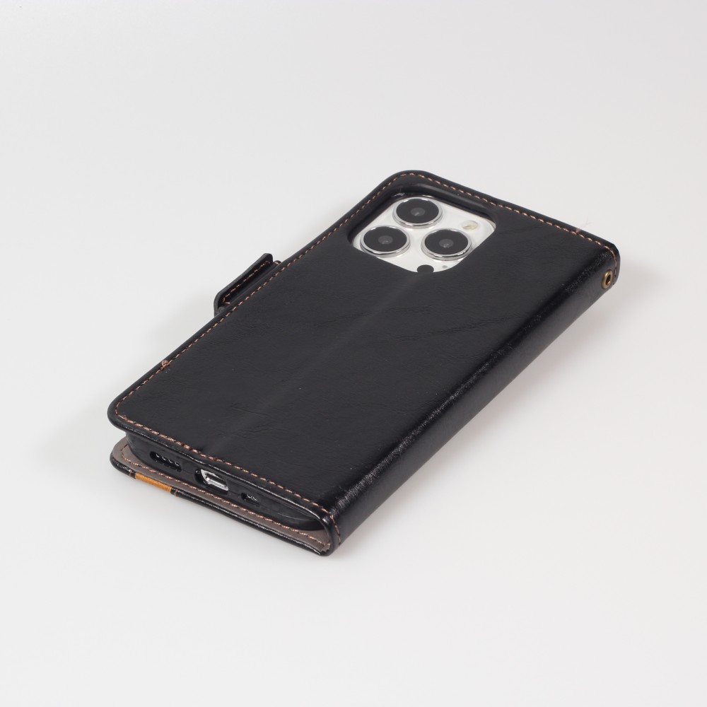 Etui cuir iPhone 17e / 16e - Flip Wallet en cuir véritable avec stripe design et compartiment à cartes - Noir