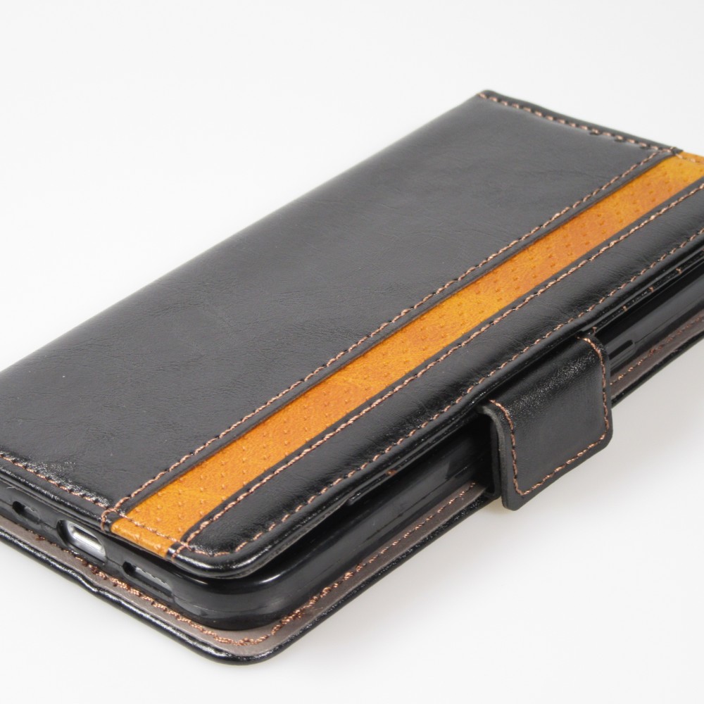 Etui cuir iPhone 17e / 16e - Flip Wallet en cuir véritable avec stripe design et compartiment à cartes - Noir