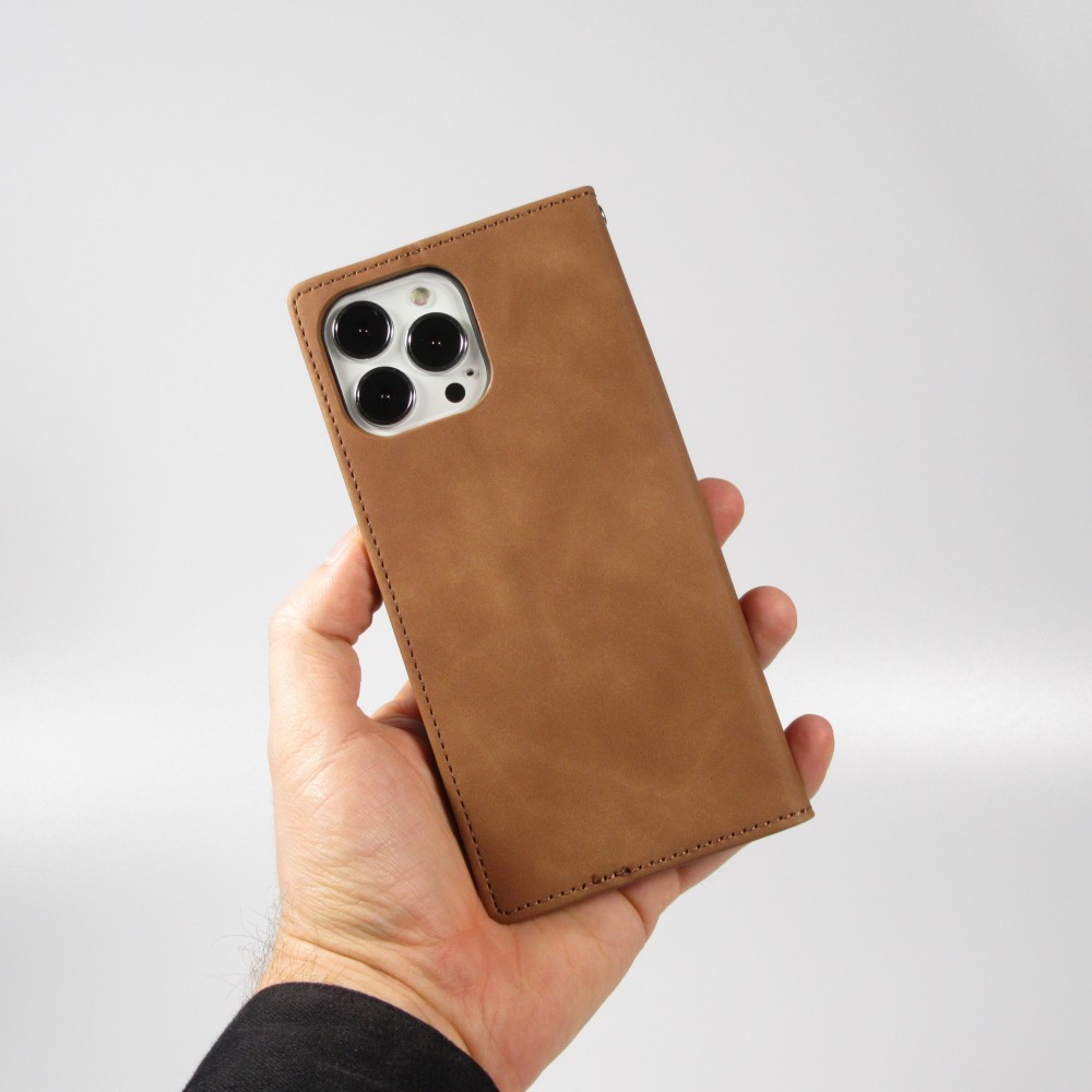 Etui cuir iPhone 17e / 16e - Flip Wallet vintage avec fermeture aimantée et compartiment cartes - Brun