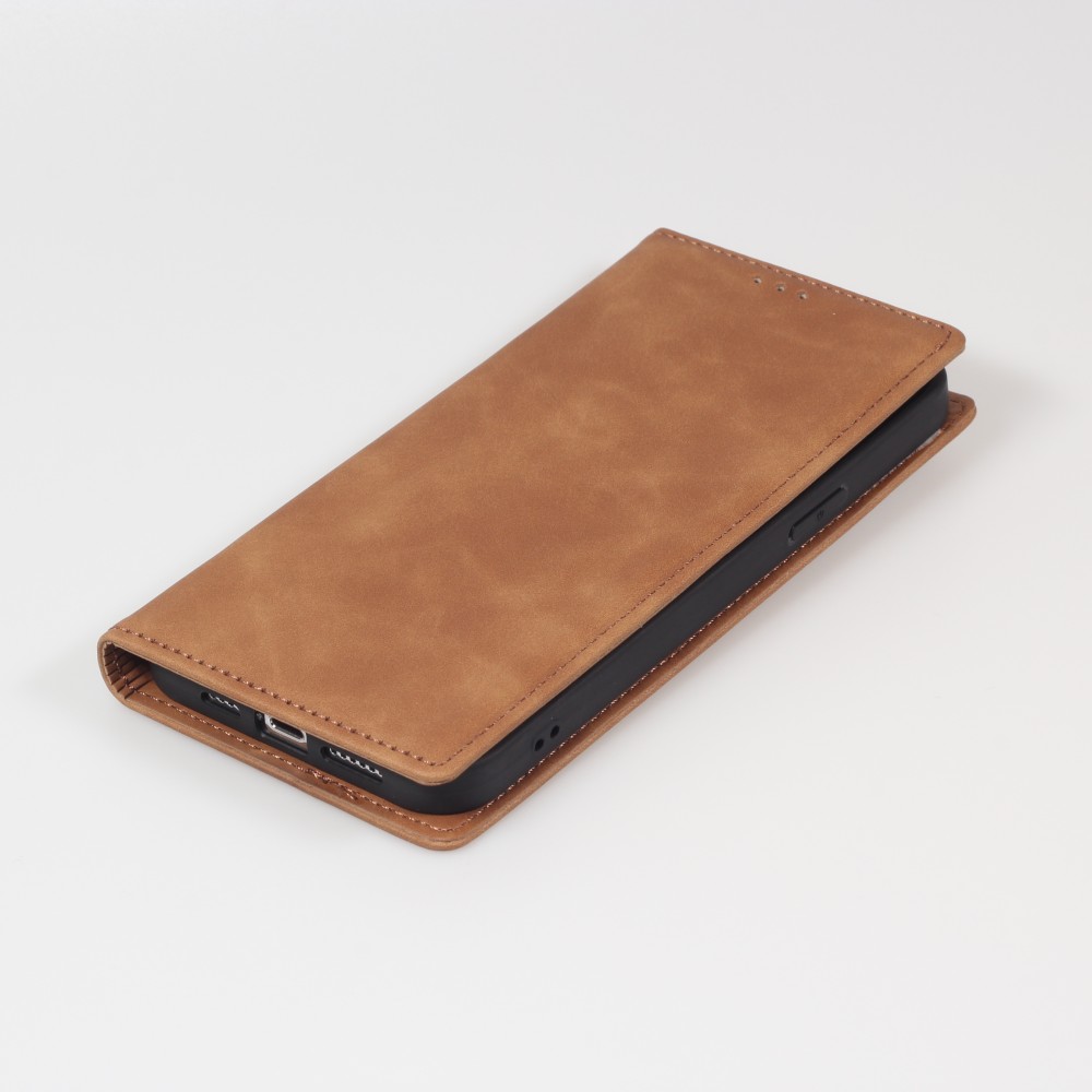 Etui cuir iPhone 17e / 16e - Flip Wallet vintage avec fermeture aimantée et compartiment cartes - Brun