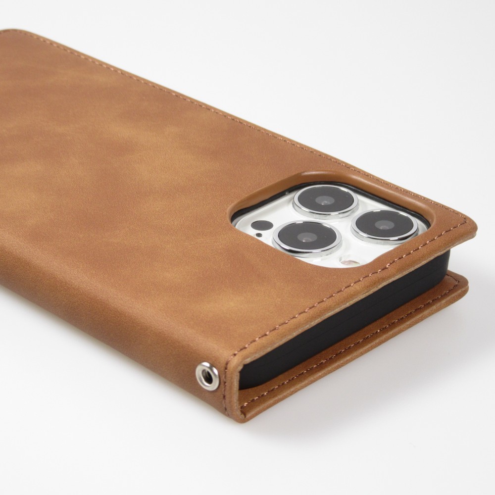 Etui cuir iPhone 17e / 16e - Flip Wallet vintage avec fermeture aimantée et compartiment cartes - Brun
