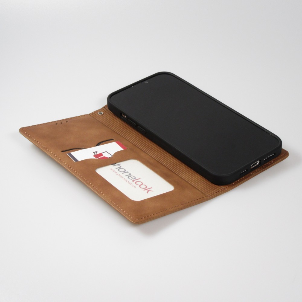 Etui cuir iPhone 17e / 16e - Flip Wallet vintage avec fermeture aimantée et compartiment cartes - Brun