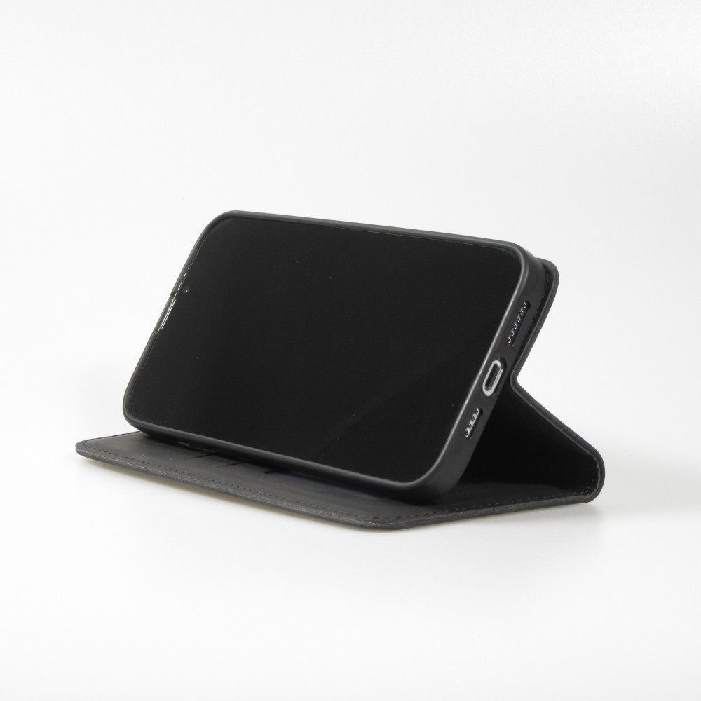 Etui cuir iPhone 17e / 16e - Flip Wallet vintage avec fermeture aimantée et compartiment cartes - Noir