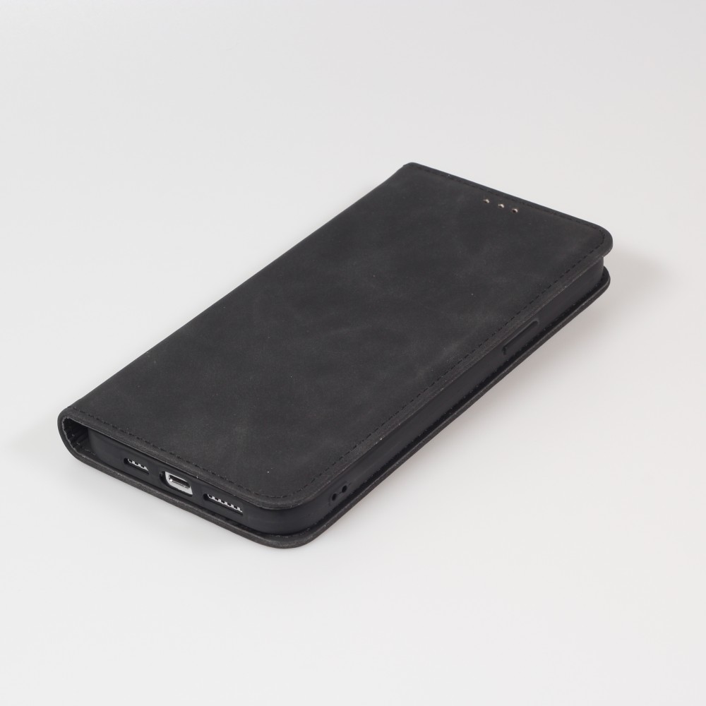Etui cuir iPhone 17e / 16e - Flip Wallet vintage avec fermeture aimantée et compartiment cartes - Noir