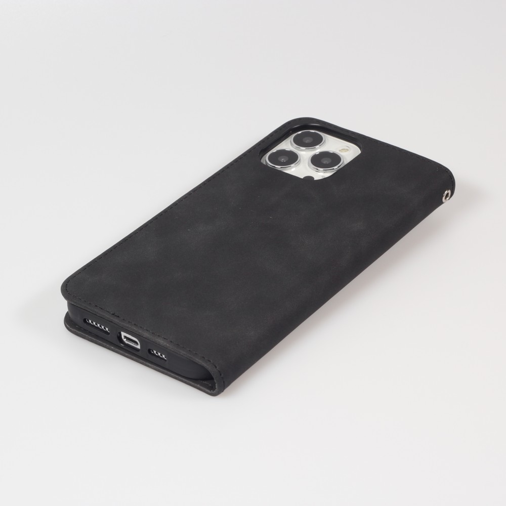Etui cuir iPhone 17e / 16e - Flip Wallet vintage avec fermeture aimantée et compartiment cartes - Noir