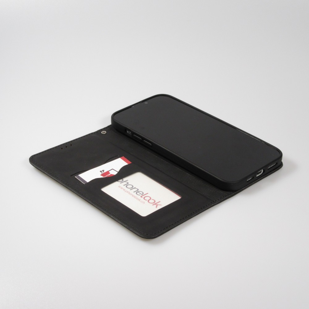 Etui cuir iPhone 17e / 16e - Flip Wallet vintage avec fermeture aimantée et compartiment cartes - Noir