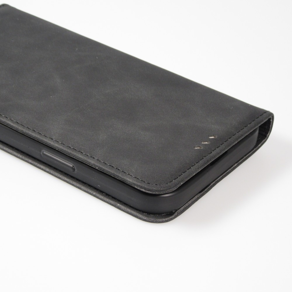 Etui cuir iPhone 17e / 16e - Flip Wallet vintage avec fermeture aimantée et compartiment cartes - Noir