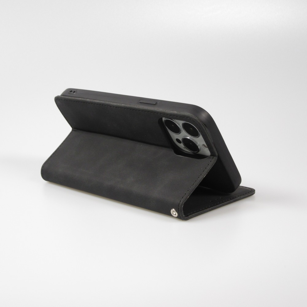 Etui cuir iPhone 17e / 16e - Flip Wallet vintage avec fermeture aimantée et compartiment cartes - Noir