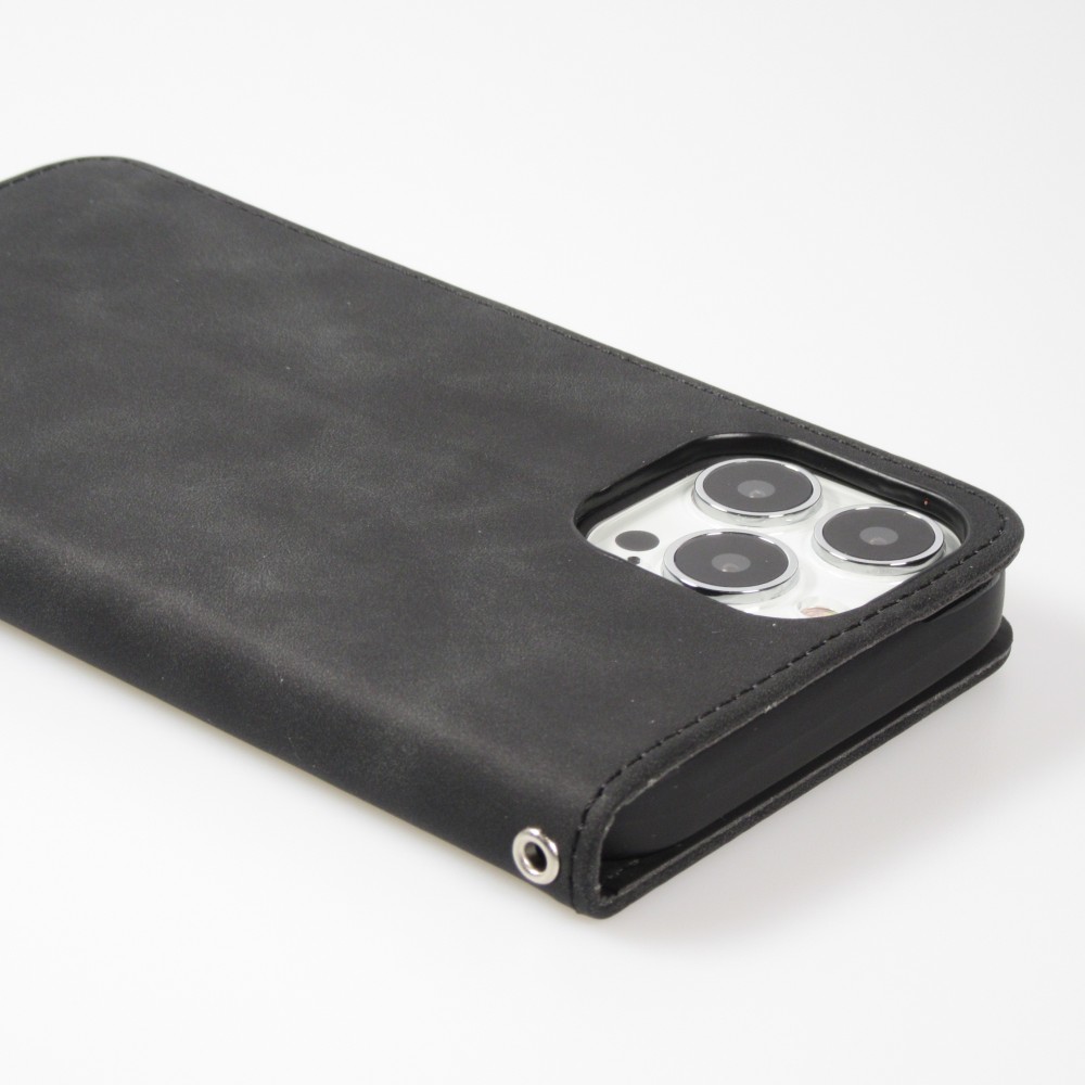 Etui cuir iPhone 17e / 16e - Flip Wallet vintage avec fermeture aimantée et compartiment cartes - Noir