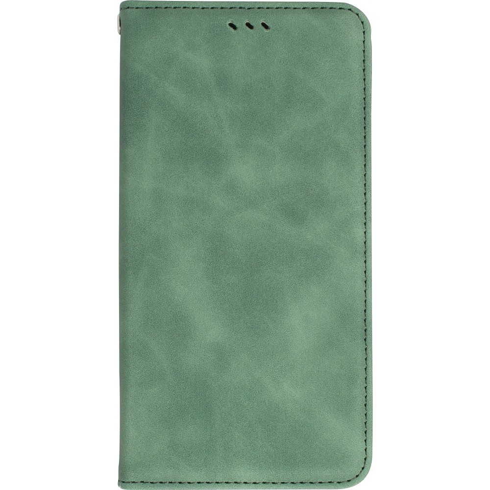 Etui cuir iPhone 17e / 16e - Flip Wallet vintage avec fermeture aimantée et compartiment cartes - Vert foncé