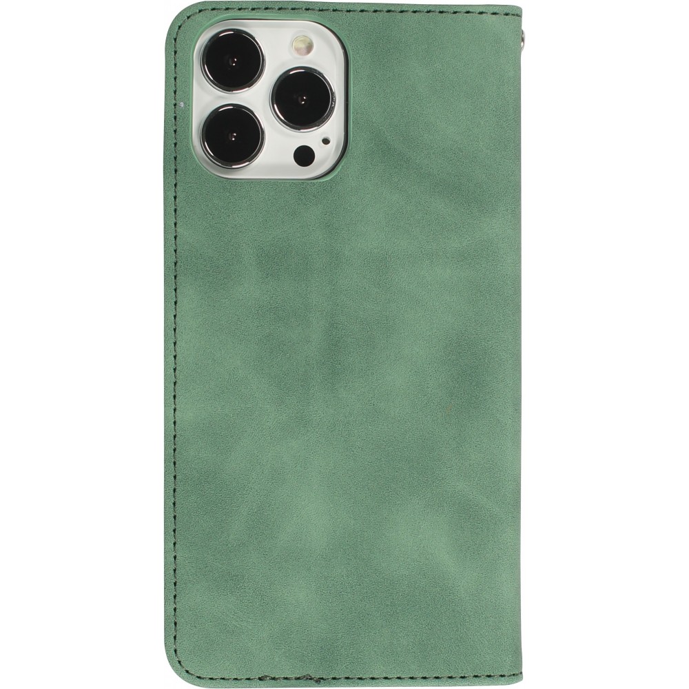 Etui cuir iPhone 17e / 16e - Flip Wallet vintage avec fermeture aimantée et compartiment cartes - Vert foncé
