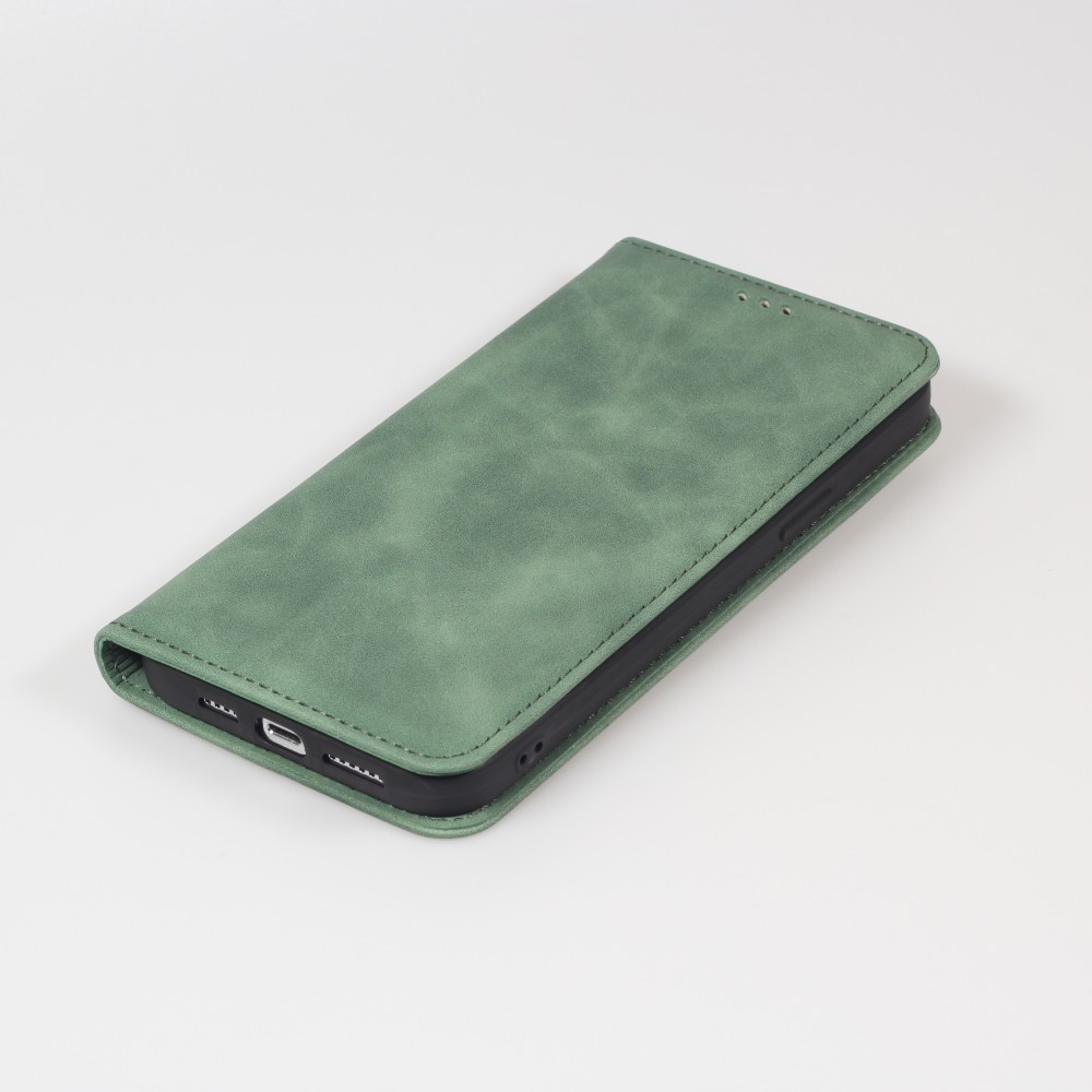 Etui cuir iPhone 17e / 16e - Flip Wallet vintage avec fermeture aimantée et compartiment cartes - Vert foncé
