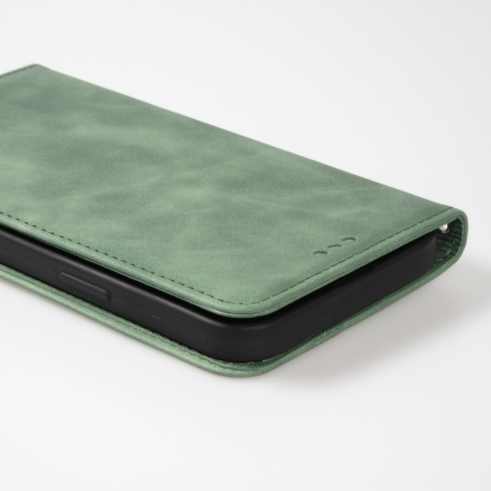 Etui cuir iPhone 17e / 16e - Flip Wallet vintage avec fermeture aimantée et compartiment cartes - Vert foncé