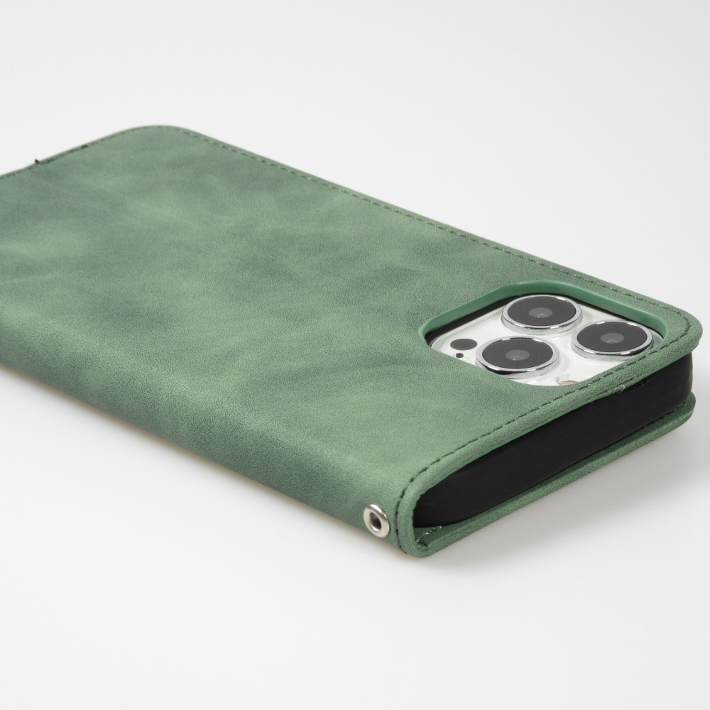 Etui cuir iPhone 17e / 16e - Flip Wallet vintage avec fermeture aimantée et compartiment cartes - Vert foncé