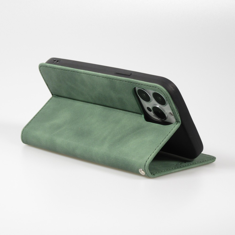 Etui cuir iPhone 17e / 16e - Flip Wallet vintage avec fermeture aimantée et compartiment cartes - Vert foncé