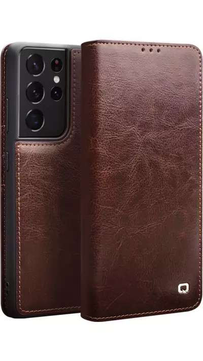 Fourre Samsung Galaxy S25 Ultra - Flip Qialino cuir véritable - Brun