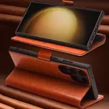 Fourre Samsung Galaxy S24 Ultra - Flip Qialino cuir véritable avec fermeture magnétique - Brun foncé