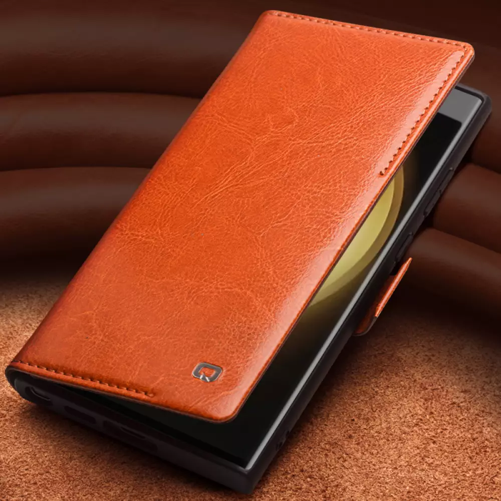 Fourre Samsung Galaxy S24 Ultra - Flip Qialino cuir véritable avec fermeture magnétique - Brun foncé