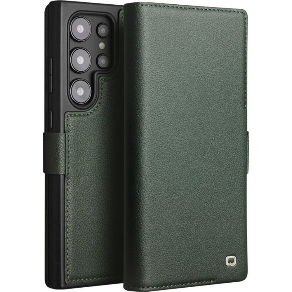 Fourre Samsung Galaxy S25 Ultra - Flip Qialino cuir véritable mat avec fermeture magnétique - Vert mat