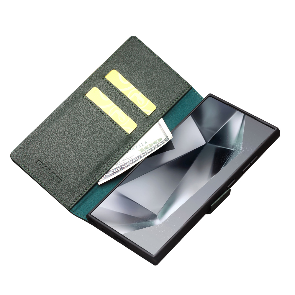Fourre Samsung Galaxy S25 Ultra - Flip Qialino cuir véritable mat avec fermeture magnétique - Vert mat