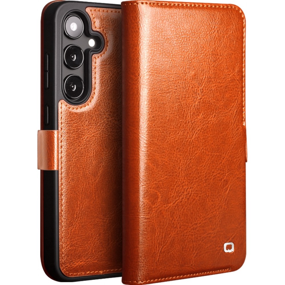Fourre Samsung Galaxy S25 - Flip Qialino cuir véritable avec fermeture magnétique - Brun clair