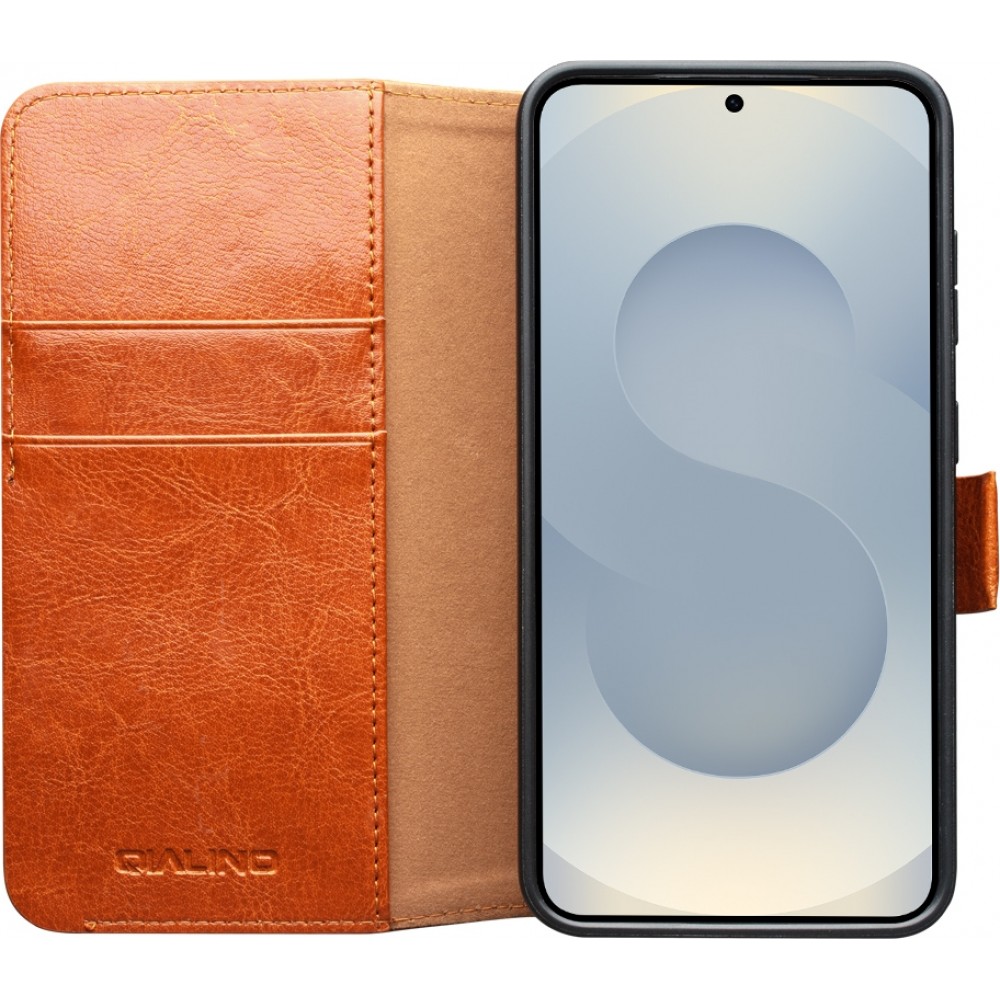 Fourre Samsung Galaxy S25 - Flip Qialino cuir véritable avec fermeture magnétique - Brun clair