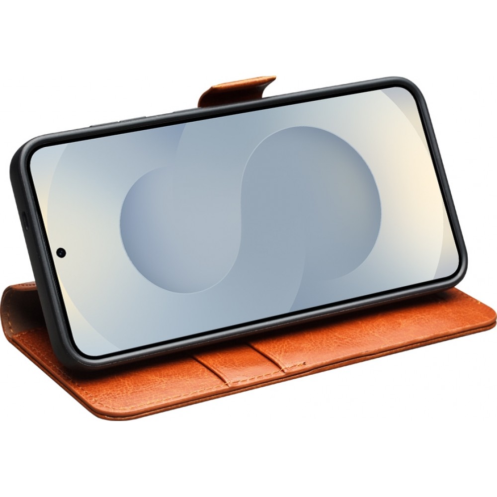 Fourre Samsung Galaxy S25 - Flip Qialino cuir véritable avec fermeture magnétique - Brun clair