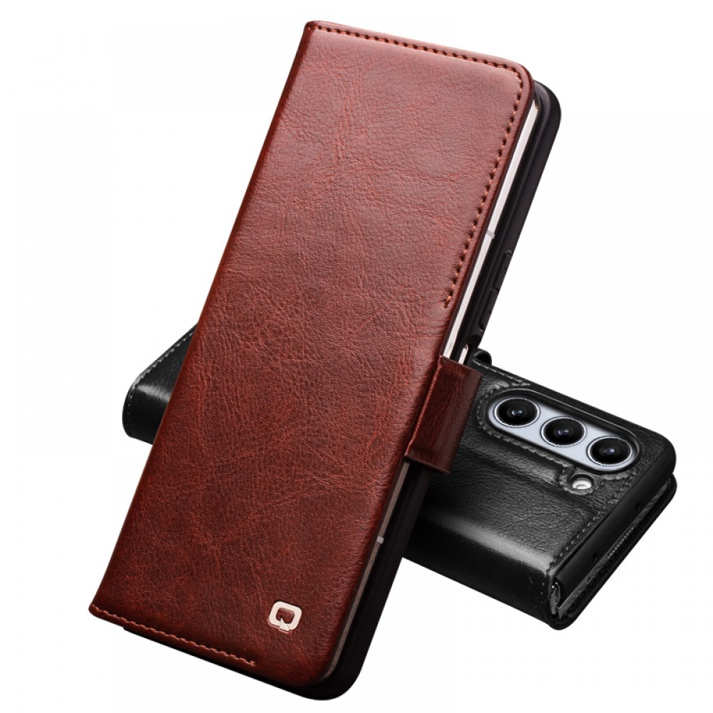 Fourre Samsung Galaxy Z Fold6 - Flip Qialino cuir véritable avec fermeture magnétique - Brun foncé