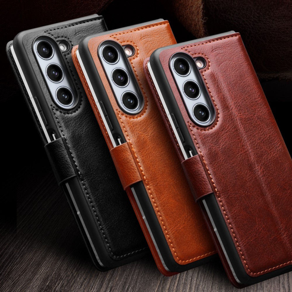Fourre Samsung Galaxy Z Fold6 - Flip Qialino cuir véritable avec fermeture magnétique - Brun foncé