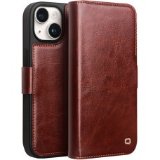 Fourre iPhone 15 Plus - Flip Qialino cuir véritable avec fermeture magnétique - Brun foncé
