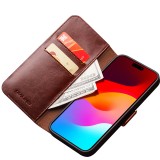 Fourre iPhone 15 Plus - Flip Qialino cuir véritable avec fermeture magnétique - Brun foncé