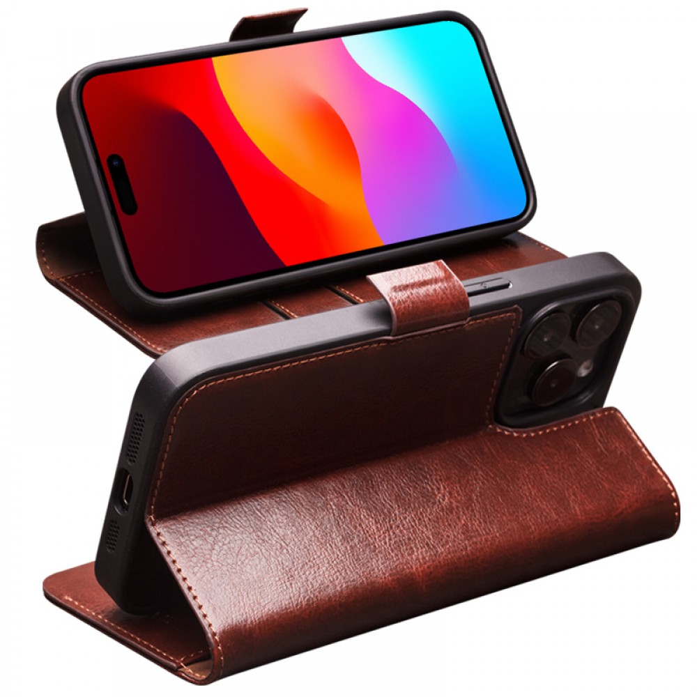 Fourre iPhone 15 Plus - Flip Qialino cuir véritable avec fermeture magnétique - Brun foncé