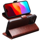Fourre iPhone 15 Plus - Flip Qialino cuir véritable avec fermeture magnétique - Brun foncé